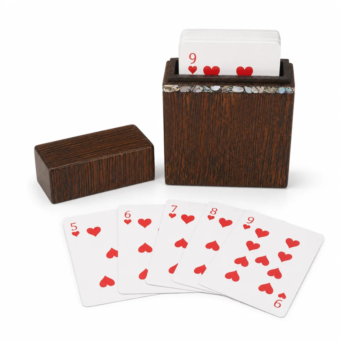 Dark walnut card box with a shell-inlay band and lift-off lid, holding a deck of cards