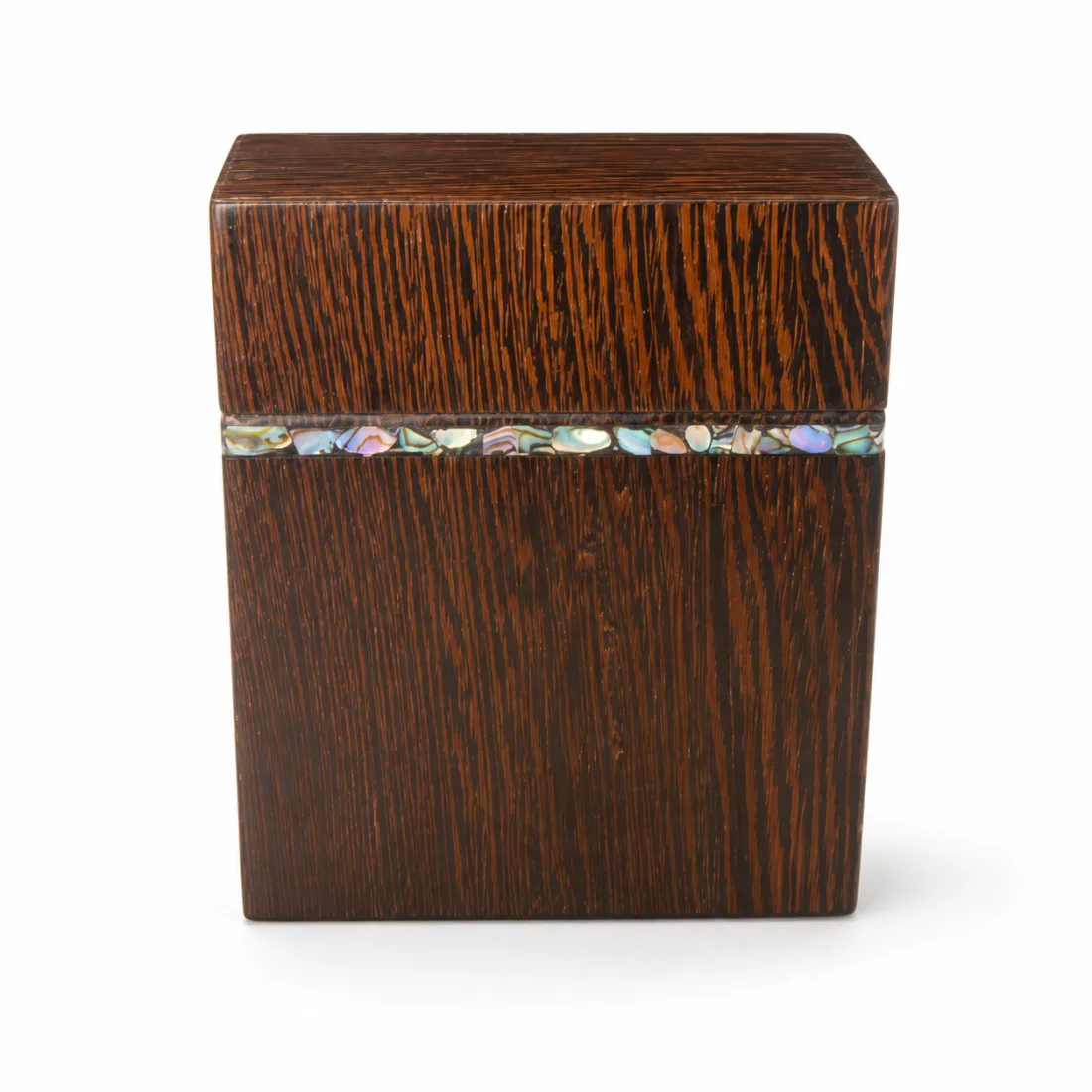 The dark inlaid card box open beside its lid, cards inside