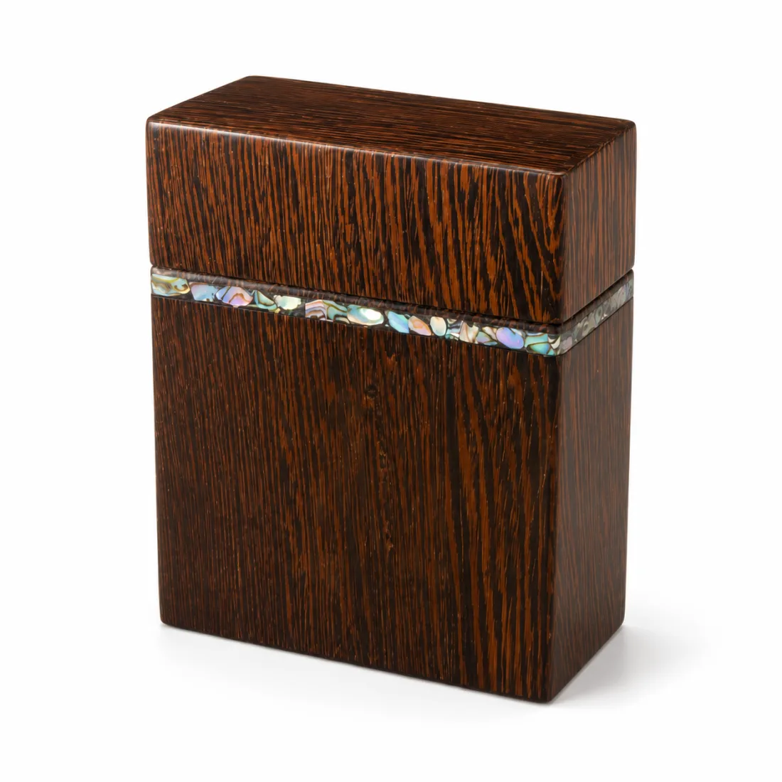 Close on the iridescent shell-inlay band around the top of the dark card box