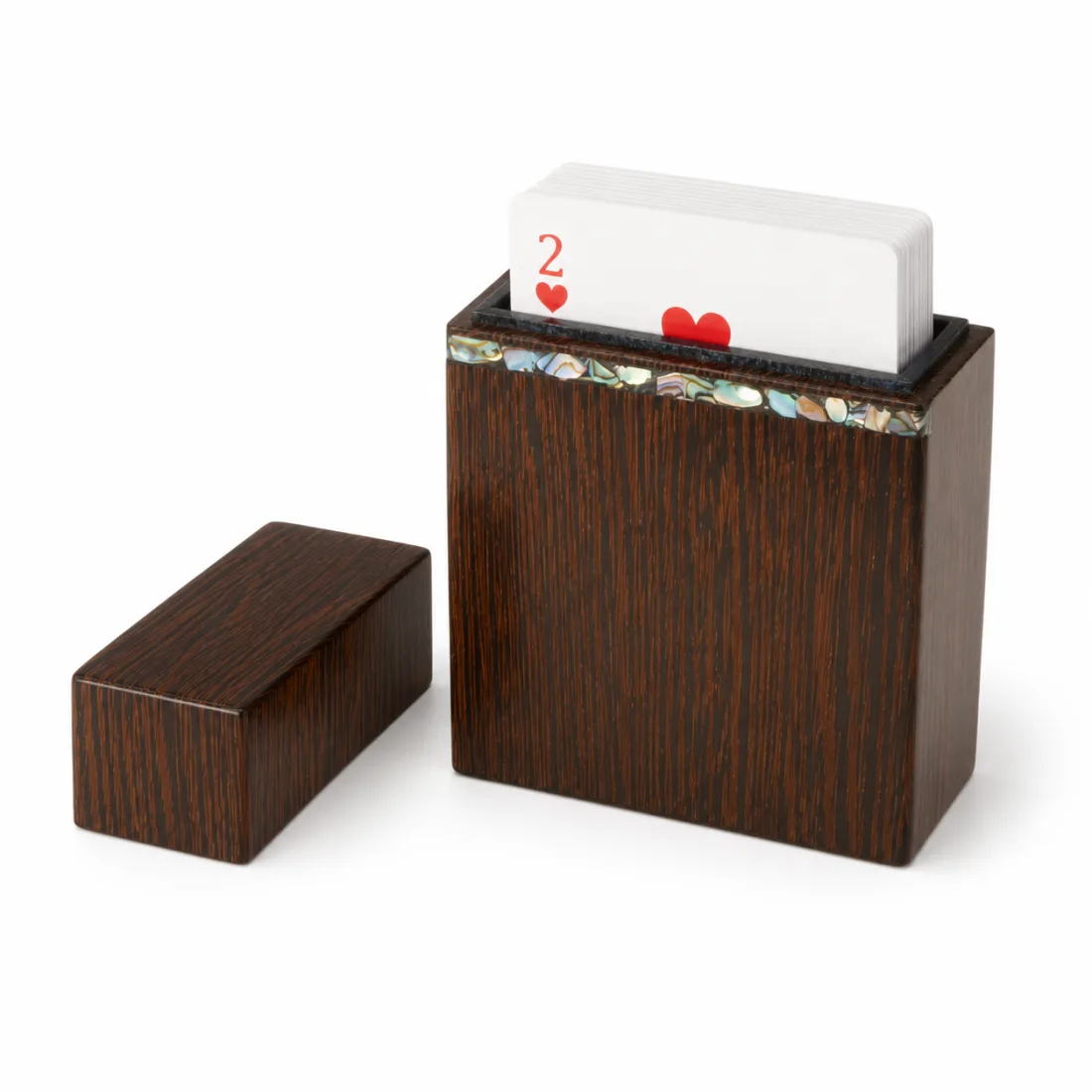 Angled view of the dark inlaid card box