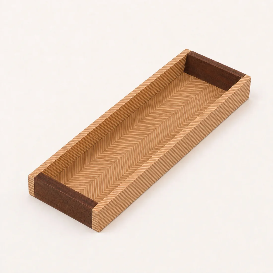 Shallow catch-all tray with a herringbone chevron-inlay floor