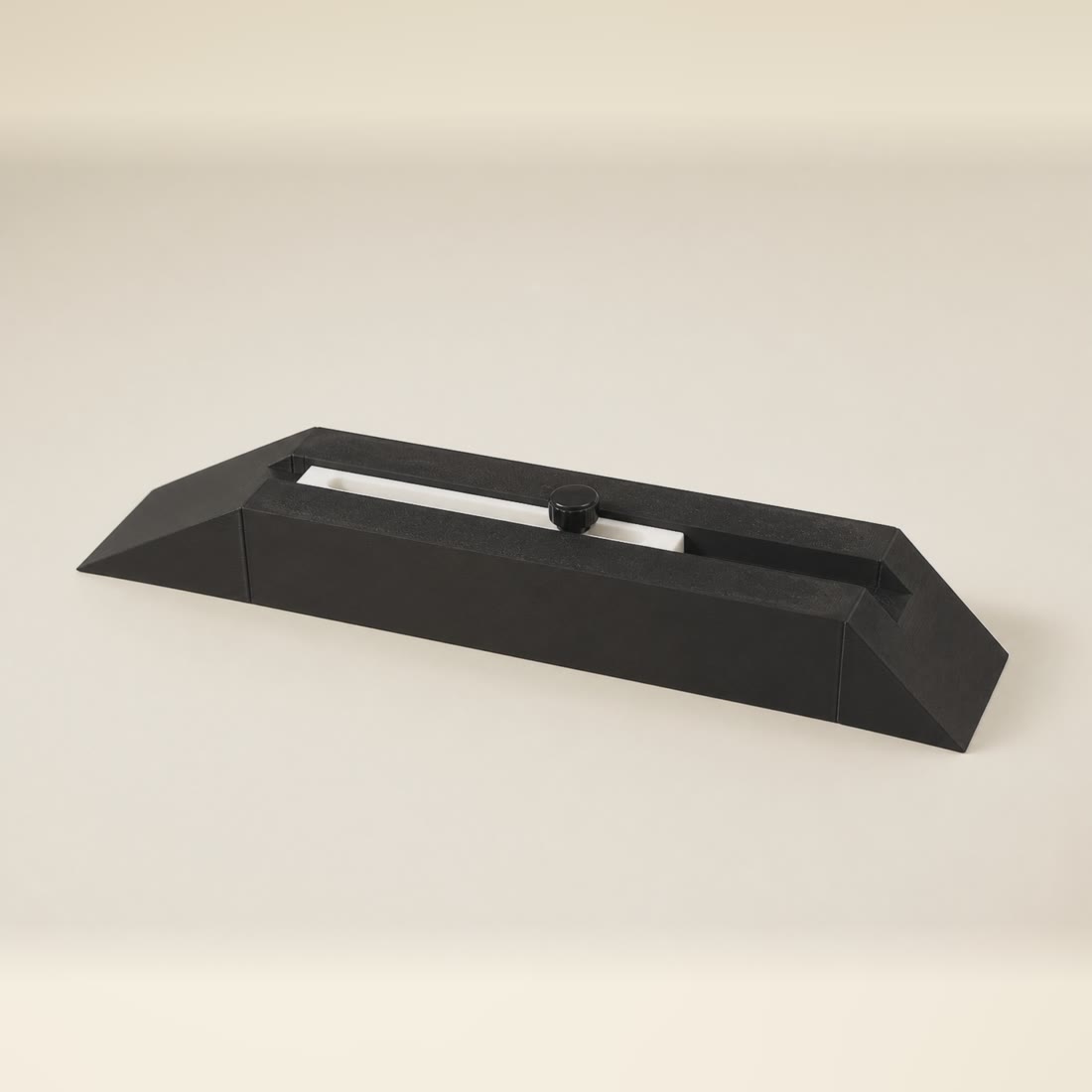 Black 3D-printed two-angle kumiko paring jig with a white sliding stop