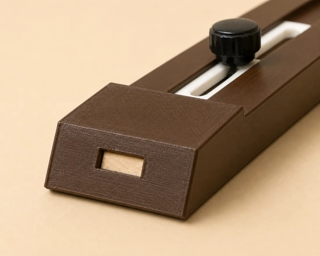 Oblique detail of the retaining bridge, slotted stop and locking knob